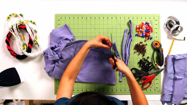 C. How to Cut Strips from an Old T-Shirt for a No-Sew Necklace Promo Image